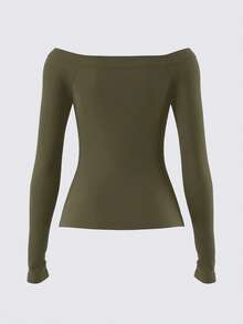 SHEIN BASICS 1pc Women's Casual Solid Color Off Shoulder Long Sleeve Fitted Blouse,Fall - Army Green - View 3