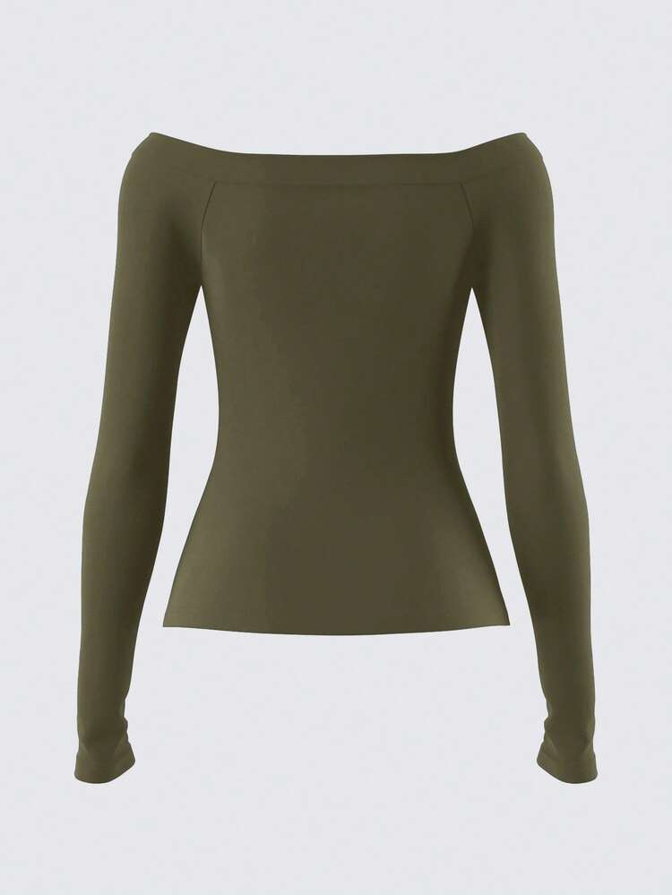 SHEIN BASICS 1pc Women's Casual Solid Color Off Shoulder Long Sleeve Fitted Blouse,Fall - Army Green - View 3