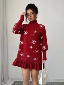 Selianne Vestido de suéter de cuello alto con ajuste holgado y dobladillo con volantes, con estampado de copos de nieve rojos, para otoño/invierno - Burdeos - Ver 7