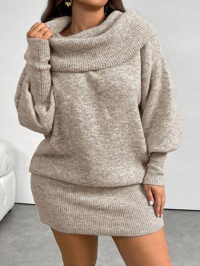 Firerie Vestido de suéter de manga larga con hombros descubiertos, estilo Y2K, cómodo y de talla grande, versátil para ir y venir y uso diario, gris retro, otoño/invierno