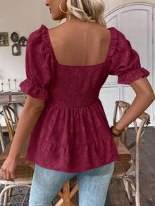 SHEIN LUNE 女式泡泡袖上衣，配收腰荷叶边上衣 - 酒紅色 - 查看 2