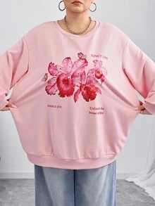 SHEIN CURVE+ Áo nỉ cổ tròn rộng rãi họa tiết hoa tối giản giản dị cỡ lớn, mùa thu/đông Thu/Đông - Hồng - Xem 8