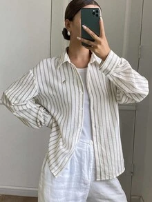 DAZY Women's Loose Striped Embroidered Long Sleeve Collared Casual Elegant Blouse, Spring/Autumn - Pink - View 1