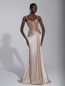 Elitara 优雅、奢华、时尚、浪漫、杏色、串珠拼布、弹力缎面、鱼尾下摆、拖尾，适合度假、婚礼、单身派对、正式舞会、晚宴礼服 - 卡其色 - 查看 5