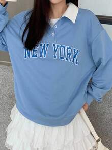 SHEIN 少女蓝白针织美式复古学院风 Polo 领落肩字母图案套头衫，长袖上衣，开学季 - 藍白色 - 查看 3