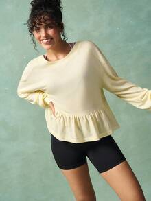 VARSIVA Women's Solid Color Long Sleeve Ruffle Hem Loose Fit Sports T-Shirt Buttery Soft Top Workout Top Ruffle Top Gym Top Blouse Gym - Butter Yellow - View 6