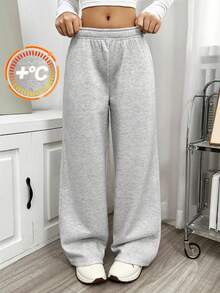 SHEIN Explorewe 青少年女孩休闲保暖内衬低腰宽松运动裤，秋冬款 - 淺灰色 - 查看 6