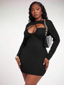 Radiana Plus Size Women Sexy Elegant Hollow Out Ruched Bodycon 2 In 1 Black Dress - Black - View 4