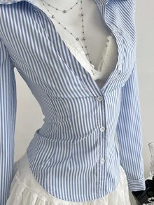 Elamini 1 件女式条纹 V 领长袖衬衫，简约学院风，适合秋冬季办公室、通勤、休闲穿着 - 藍白色 - 查看 5