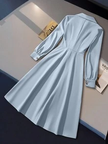 GlowEve Đầm nữ cổ chữ V tay dài, dài vừa phải, cài nút kim loại thanh lịch - Màu xanh lam - Xem 2