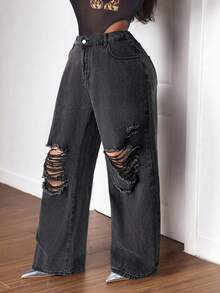 Slaydiva Plus Size Women Loose Fit Ripped Wide Leg Boyfriend Jeans, Fall Women Clothes