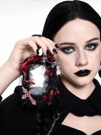 Portachiavi/portacarte con fiocco rosso, cuore a croce, ali e colori a contrasto, stile casual e anime, multifunzionale per tessere, carte d'identità, foto