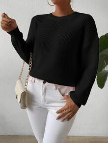 EMERY ROSE 女士休闲宽松纯色圆领落肩长袖套头衫，秋季秋冬女装女士黑色毛衣泡泡袖毛衣女士黑色毛衣黑色长袖上衣 - 黑色 - 查看 3