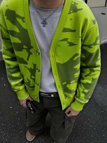 Manfinity Roghcode Men's Casual Contrast Color Button Front Cardigan, Autumn/Winter Green Cardigan Camo Cardigan Camouflage Sweater Green Camo Sweater Camo Zip Up Sweater Camouflage Cardigan Green Sweater Back To School Y2K Thick Graphic Gray-Green OVERSIZE Street - Multicolor - View 2