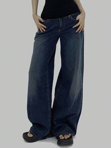 DAZY 女款复古高腰喇叭牛仔裤，设计感十足的高腰修身垂坠长裤 - 藏蓝色 - 查看 1