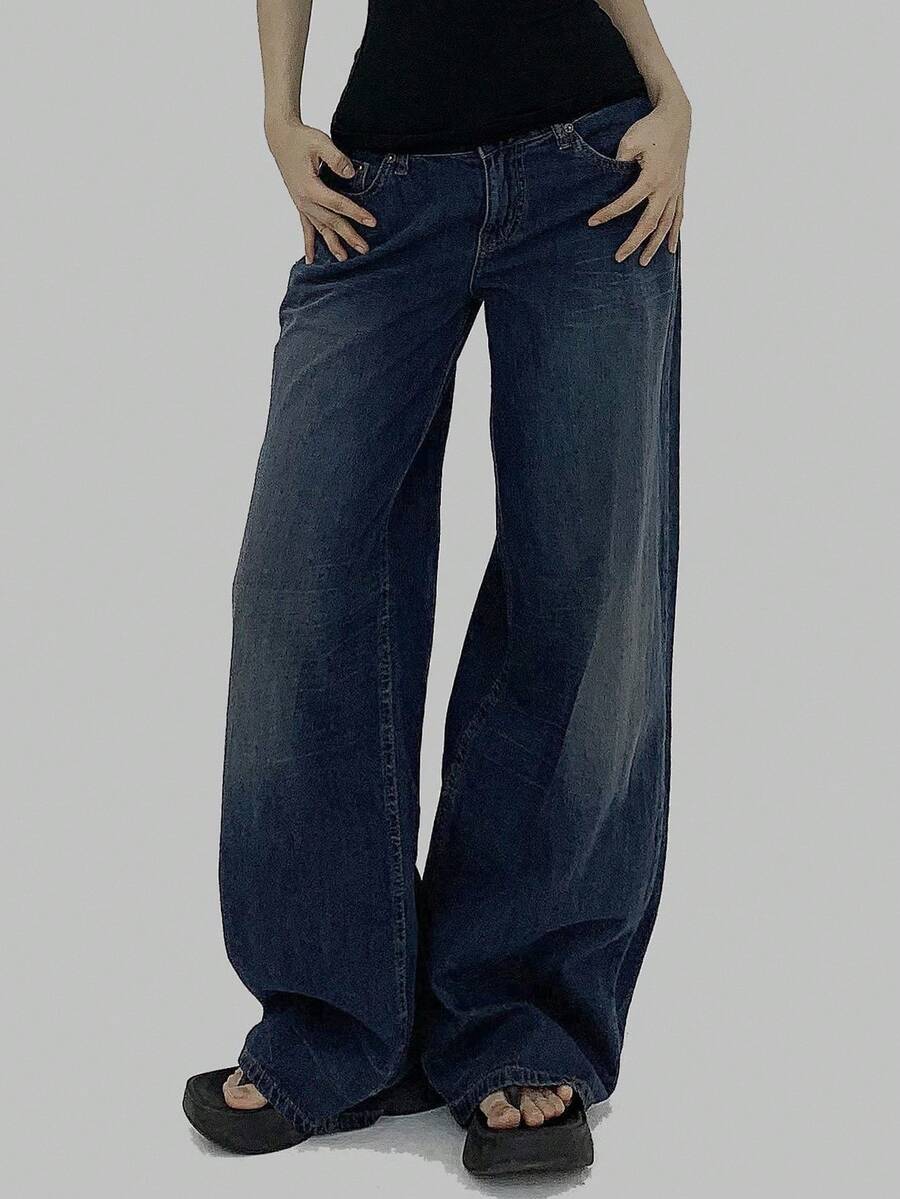 DAZY 女款复古高腰喇叭牛仔裤，设计感十足的高腰修身垂坠长裤 - 藏蓝色 - 查看 1