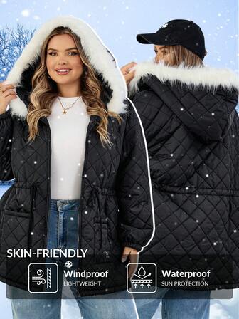 SHEIN CURVE+ Plus Size Women Front Zip Long Sleeve Pockets Fluffy Patchwork Casual Hoodie, For Winter Quilted Jacket Winter Coat Outerwear Women Shackets For Women Oversized Jacket