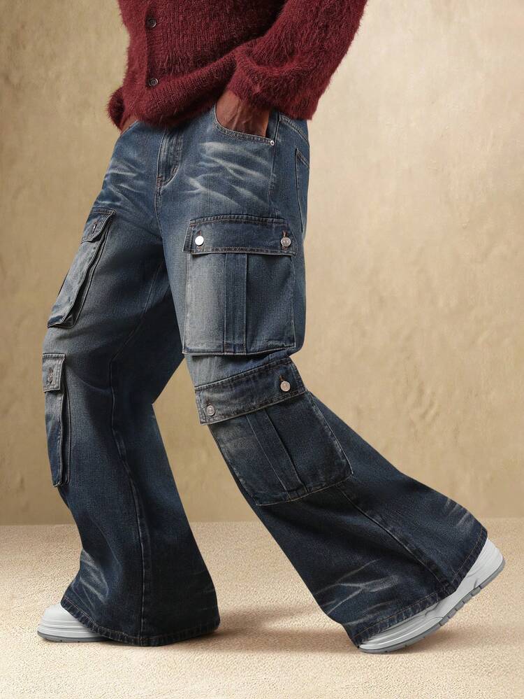 Wide Leg Cargo Jeans With Multiple Pockets