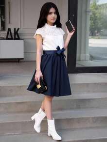 Tween Girl Contrast Lace Panel Frill Neck Belted Dress - Blue - View 10