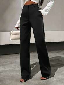 EURMUSE 优雅的超高腰双层面料西装裤，时尚直筒剪裁，宽腿廓形，隐藏式侧袋 - 别致精致的定制裤子，打造精致专业的外观 - 无缝设计，隐藏式前开合，打造时尚外观 - 永恒的黑色正装，适合办公室、商务和权力着装 - 黑色 - 查看 5