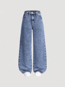 SHEIN ChillGRL 2pcs/Set Girls' All-Match Versatile Straight Leg Wide Leg Jeans Fall Winter - Multicolor - View 4