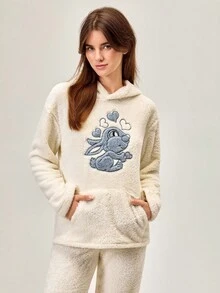 Loomlin Set Bunny Bliss Dream – Pijamale ultra moi și pufoase în culoarea cremului de vanilie, drăgălășenie de culcare și moliciune divină, material Sherpa ultra pufos, croială lejeră și talie elastică pentru confort pe tot parcursul nopții, hanorac supradimensionat cu buzunar frontal tip marsupiu