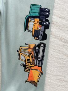 SHEIN Playful Pals 2 件套幼儿男童柔软双面罗纹针织卡通挖掘机印花长袖上衣和裤子套装，灰绿色，深灰色下装