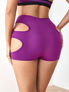 Menodora SHEIN Sport 女士纯色松紧腰镂空设计运动内裤 - 紫色 - 查看 2