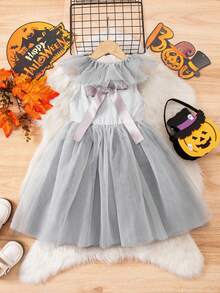 女孩万圣节网眼针织小丑无袖连衣裙 - 白色 - 查看 3