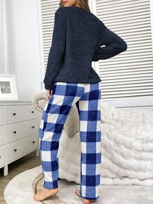 SHEIN 女士纯色圆领长袖抓绒上衣和格子裤蓬松睡衣套装，舒适蓬松睡衣套装，秋冬服装，温暖舒适 - 藍色 - 查看 2