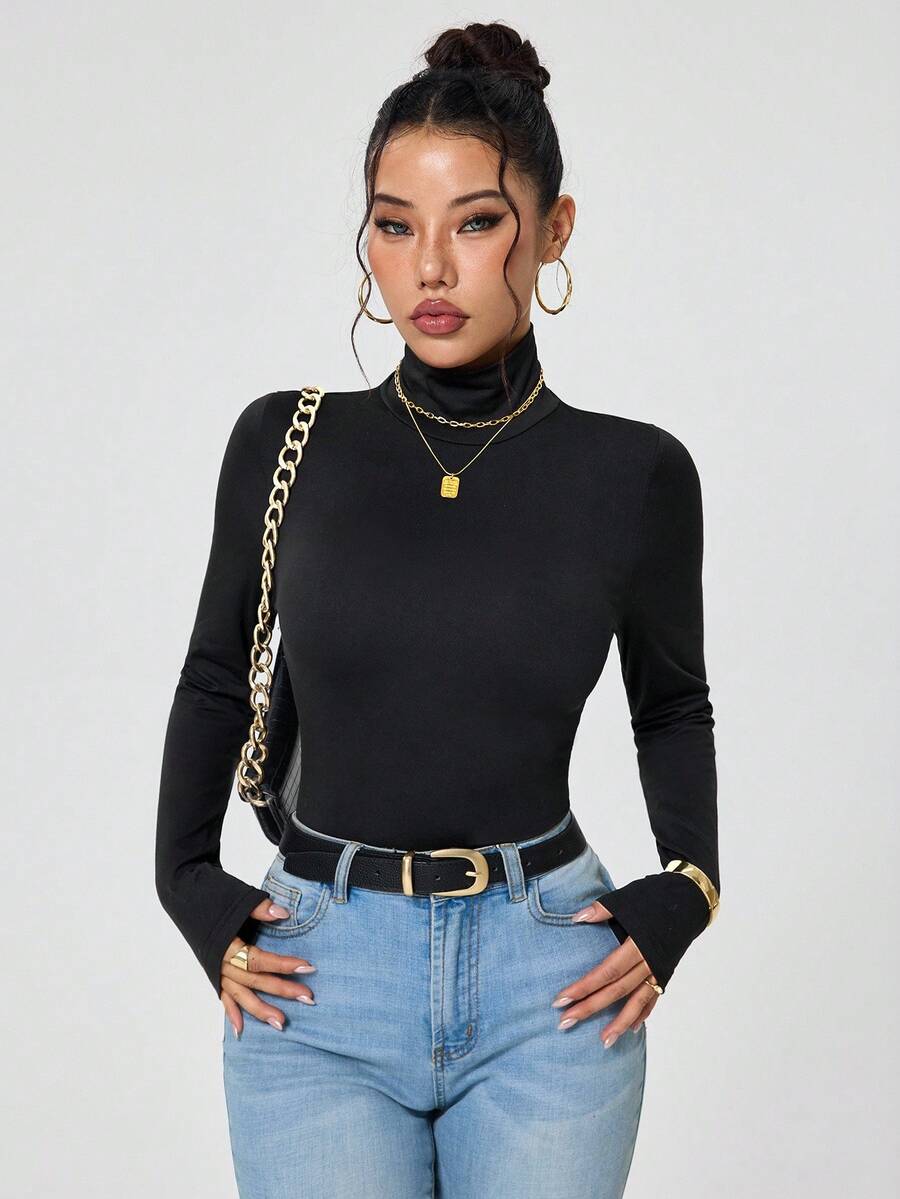 INAWLY Women's Casual Solid Color Minimalist Turtleneck Undershirt - Black - View 1