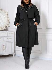 SHEIN CURVE+ Áo khoác nỉ dài tay có mũ trùm đầu, khóa kéo, eo rút, cỡ lớn dành cho nữ, ấm áp, mẫu mới 2025, thoải mái và chống gió - màu đen - Xem 6