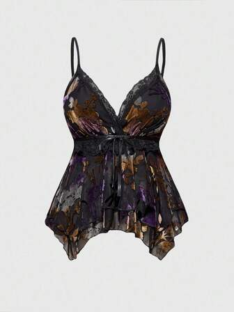 Camiseta sin mangas con volantes y dobladillo asimétrico con patrón floral estampado en relieve de estilo hippie retro del milenio para mujer