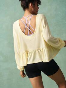 VARSIVA Women's Solid Color Long Sleeve Ruffle Hem Loose Fit Sports T-Shirt Buttery Soft Top Workout Top Ruffle Top Gym Top Blouse Gym - Butter Yellow - View 7