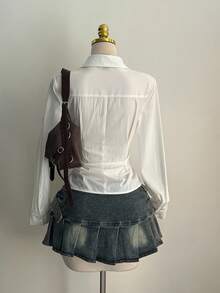 Elamini Sexy Collared Side Lace-Up Waist Slim Fit Long Sleeve Blouse For Women - White - View 2