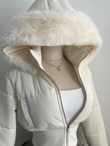 Elamini 女士时尚杏色复古拼接短款皮草连帽束腰立领长袖短款棉服外套，适合秋冬季 - 杏色 - 查看 5