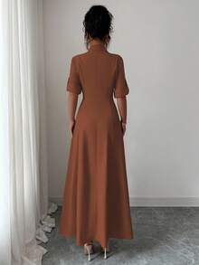 Elenzga Váy ngắn tay đơn giản tối giản màu trơn dành cho nữ - màu nâu - Xem 2