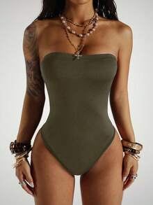 StreetHx Streetwear Women's Sleeveless Bandeau Bodysuit, Summer - Army Green - View 5