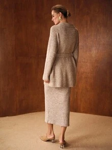 MOTF PREMIUM SLIM FIT DRESS & BELTED CARDIGAN SWEATER CO-ORD - Khaki - View 5