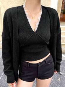 DAZY 2 件套休闲宽松针织开衫 + 蕾丝花边吊带背心，女士秋冬毛衣套装 - 黑色 - 查看 1