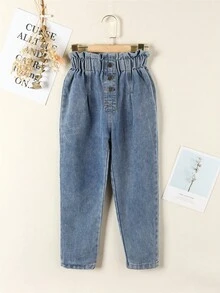 Tween Girl Paperbag Waist Pocket Patched Tapered Jeans, School, Campus, College Summer Holiday - Medium Wash - View 4