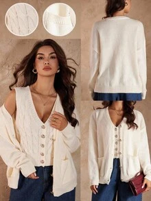 Rafferiza French Elegant Gold Button V-Neck Long Sleeve Cardigan And Vest Set,Cream White 2 Pieces Knit Sweater Jacket For Women,Autumn Casual Brunch Outfits - Apricot - View 2