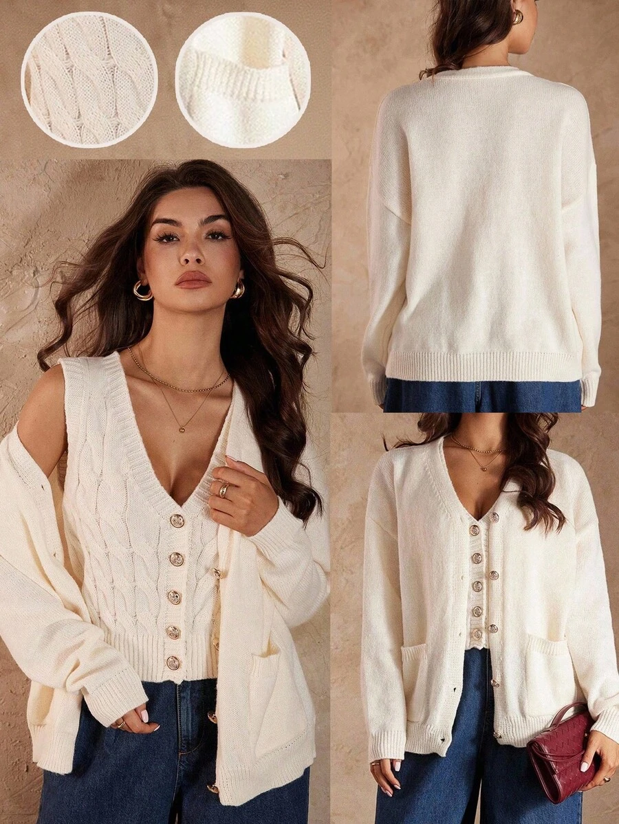 Rafferiza French Elegant Gold Button V-Neck Long Sleeve Cardigan And Vest Set,Cream White 2 Pieces Knit Sweater Jacket For Women,Autumn Casual Brunch Outfits