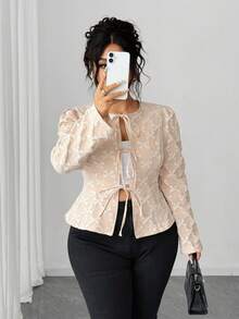 Elenzga Chaqueta versátil de cuello redondo con diseño de lazo texturizado, manga larga, cintura con lazo y pliegues delanteros, ideal para el otoño temprano, talla grande