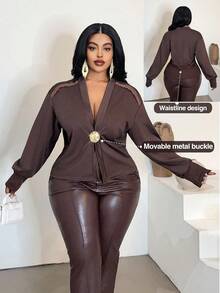 Maweii Plus Size Jacket Cardigan Thin Windbreaker, Detachable Metal Button Decor, Loose Streetwear Casual Everyday Commute Long Sleeve Coat, Autumn/Winter - Brown - View 1