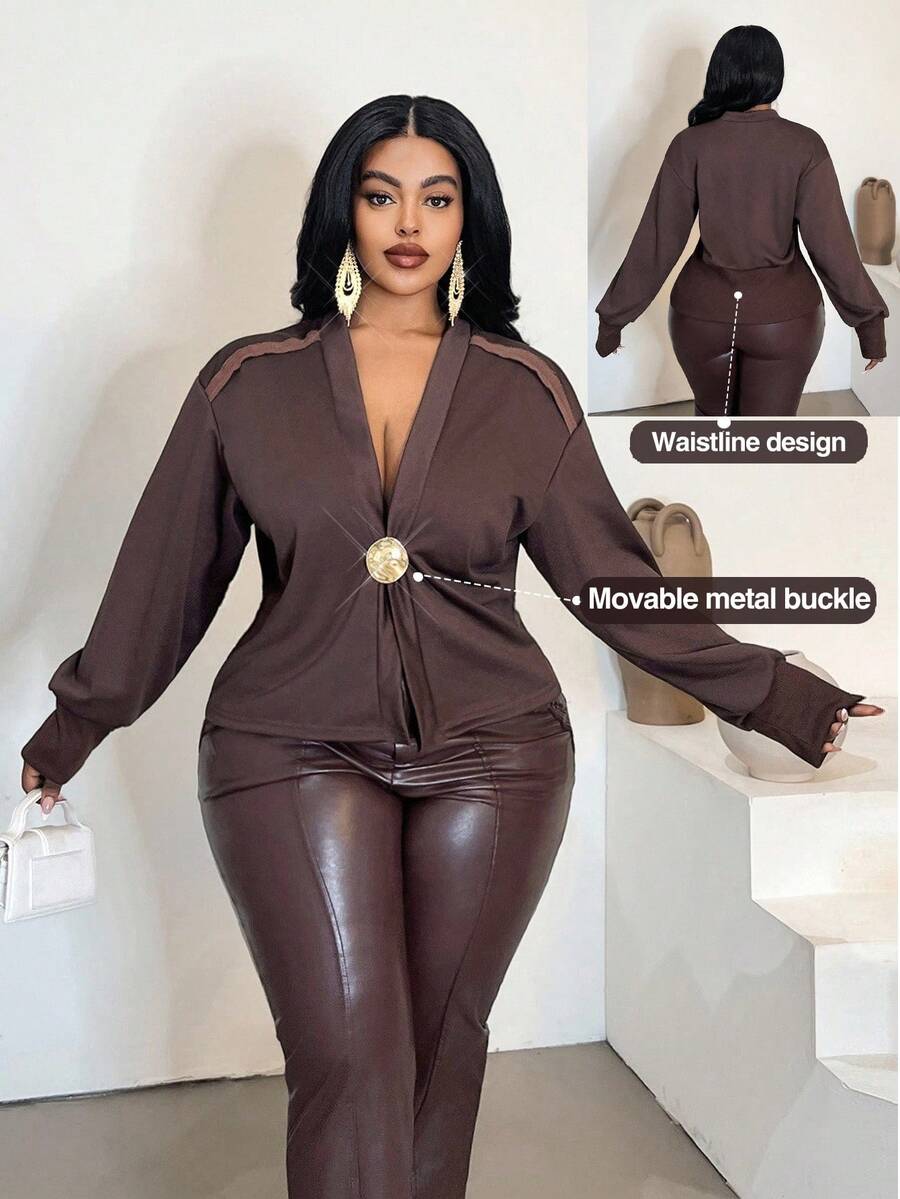 Maweii Plus Size Jacket Cardigan Thin Windbreaker, Detachable Metal Button Decor, Loose Streetwear Casual Everyday Commute Long Sleeve Coat, Autumn/Winter - Brown - View 1