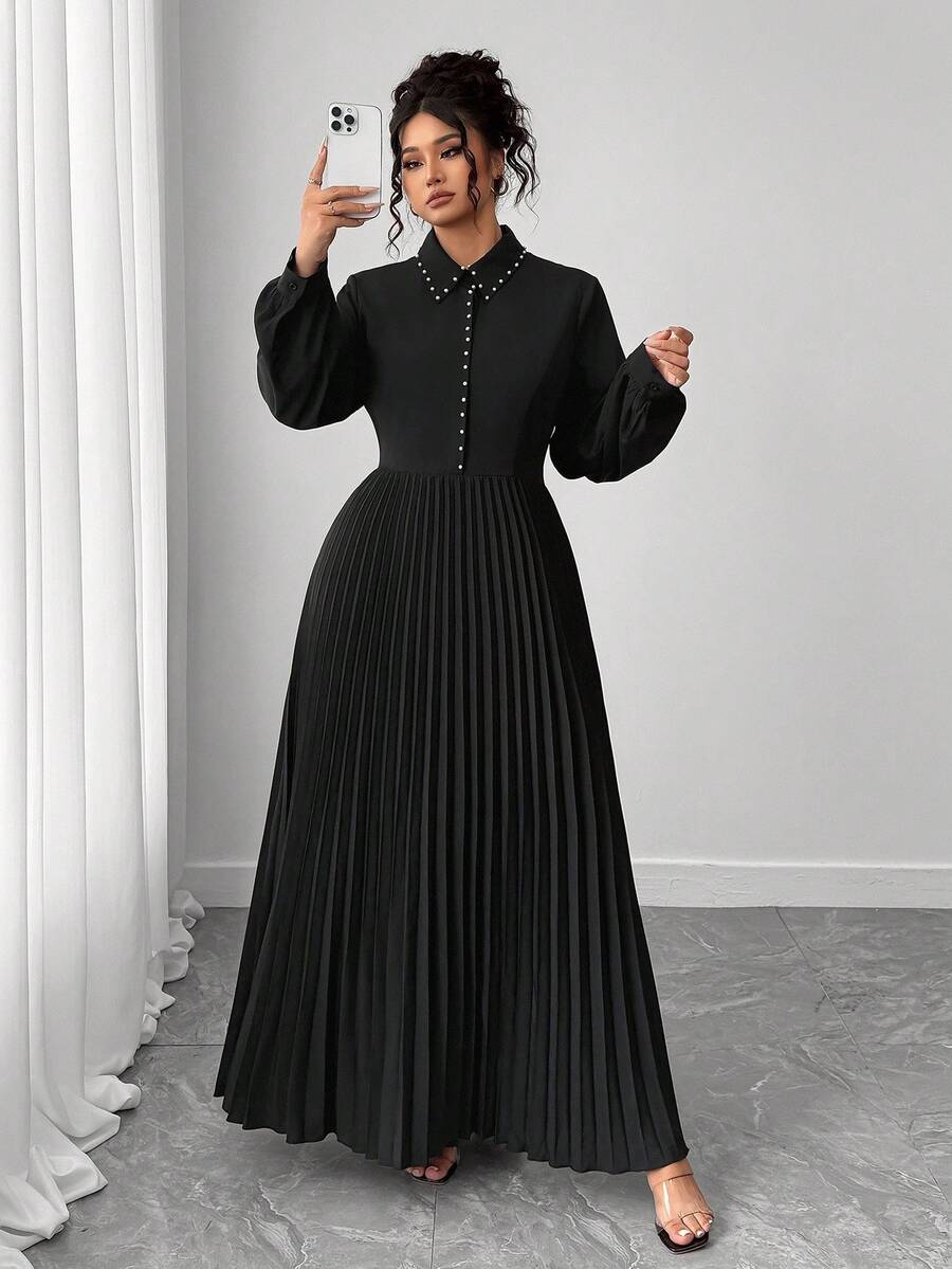 Elenzga Vestido plisado de línea A elegante y minimalista, vestido de trabajo de manga larga con cuello contrastante con tachuelas - Negro - Ver 1