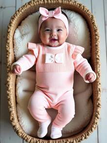 SHEIN Bộ đồ liền thân dệt kim nơ hồng dễ thương cho bé gái, mềm mại và thoải mái, thích hợp mặc hàng ngày, ngoài trời, du lịch, nghỉ mát, ở nhà, nhà trẻ và chơi đùa với bé gái - Màu Hồng baby - Xem 1