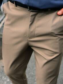 Manfinity Mode Men's Solid Color Casual Suit Trousers, Khaki Dress Pants Men, Old Money Style - Coffee Brown - View 4