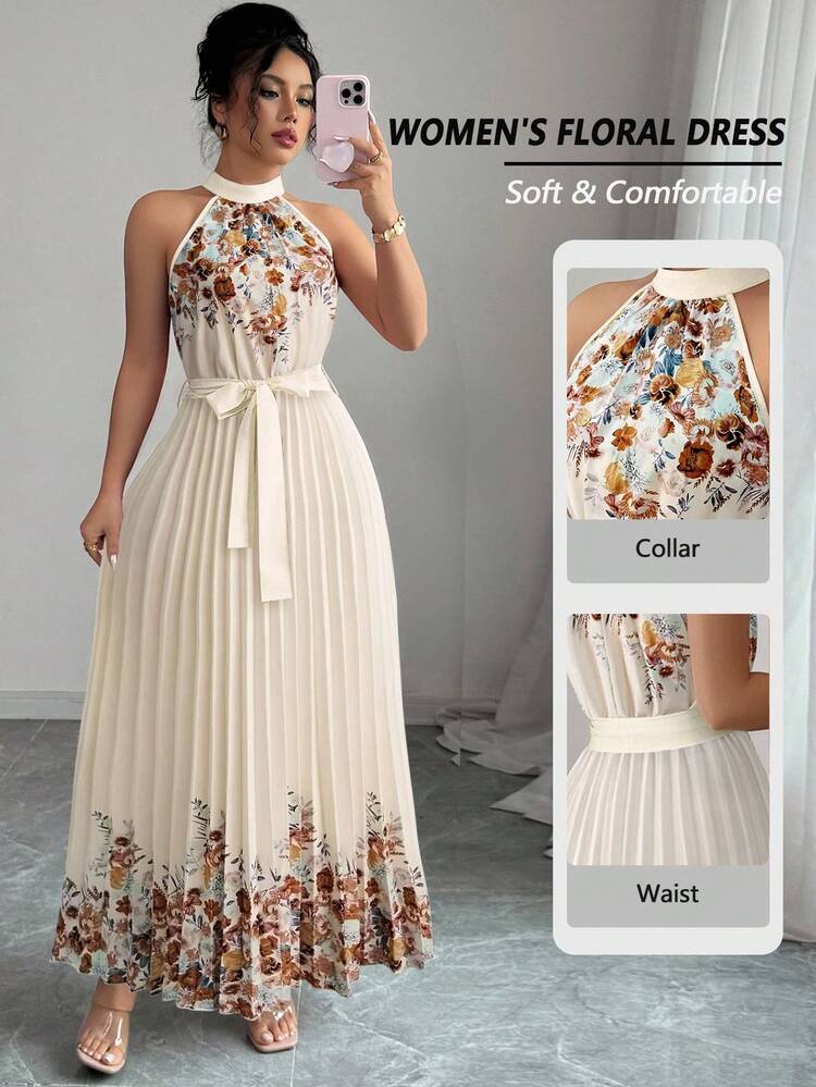 Elenzga Vestido holgado de verano elegante con estampado floral y cuello halter para mujer - Albaricoque - Añade 1